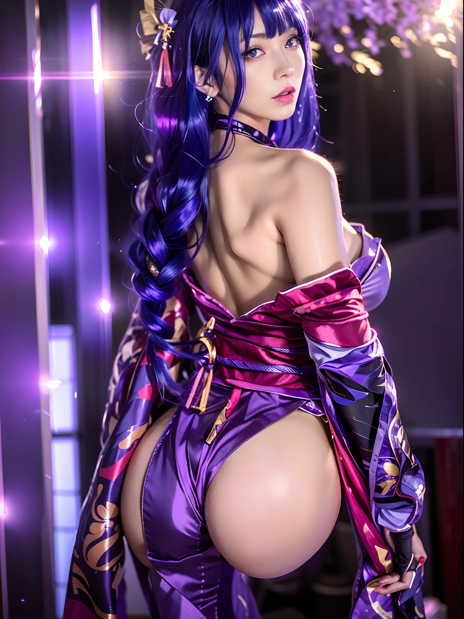 Close-up of a woman in a purple dress and purple cape, juri misaki, 《Street Fighter》Juli Han, Japanese goddess, lit from behind, Irelia from League of Legends, Anime girl cosplay, cosplay, nico robin, Purple body, glamourous cosplay, elegant glamourous cosplay, Misato Katsuragi, from league of legends