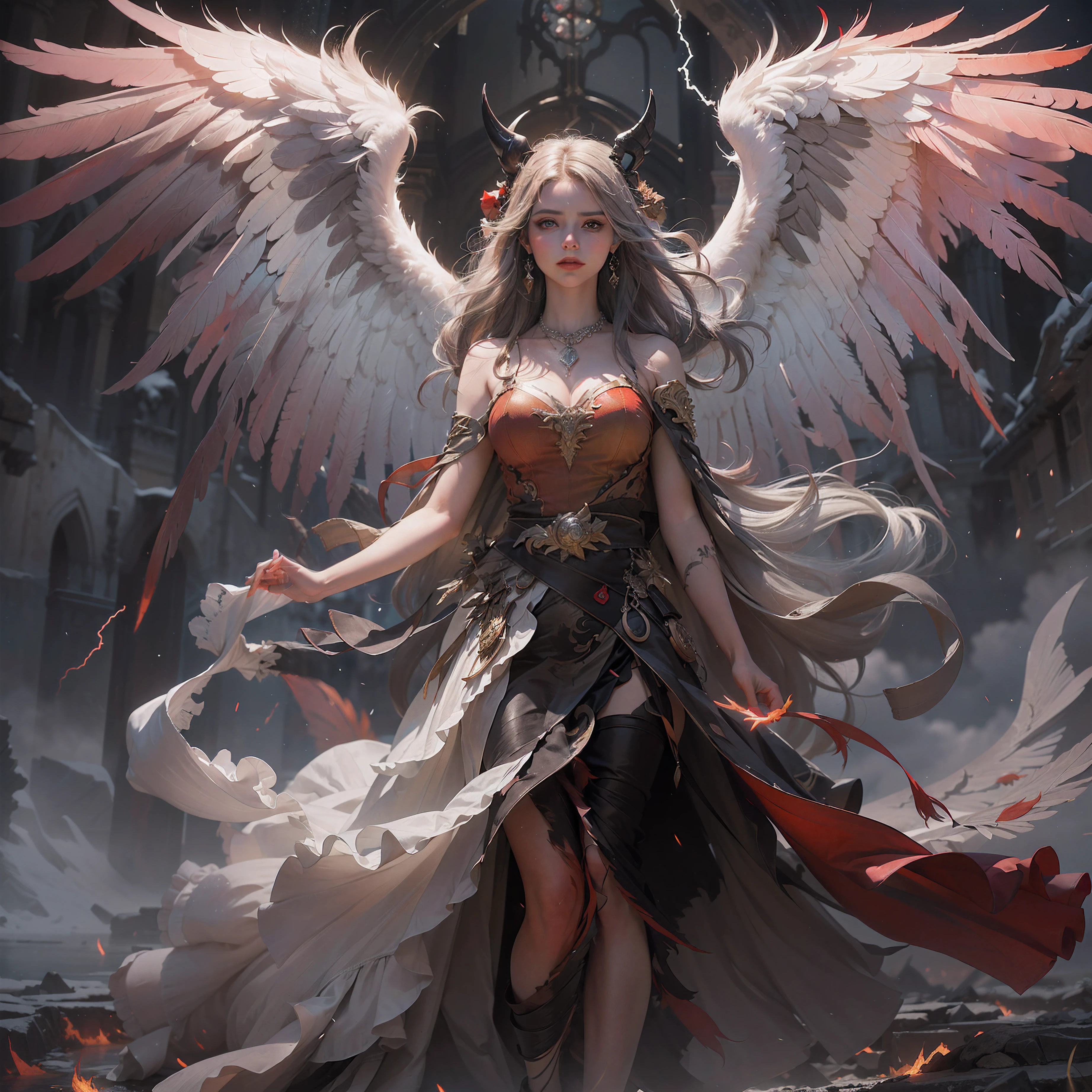 (Numerous award-winning masterpieces, with incredible detail, textures and maximum detail), (hyper realistic:1.4), (realistic:1.3), (best quality real texture skin), (finely detailed true circle Symmetrical eyes), finely detailed face, ((medieval world)), ((The Lord's Black Devil)), ((The Lord's White Devil)), (icy look in the eye), (She has a mischievous smile on her face), (Eyes that glow red in the dark:1.5), (Devil dancing in the background), (Dramatic Light), (A majestic sight), (Her countenance is gentle and beautiful, but somehow terrifying), ((Large wings with feathers behind shoulders)), (((Folded wings))), Glass earrings on the ears, (((dramatic photo))), (twilight), (sunset), (dusk), (Seducing Pose), ((dramatic pose)), (flamboyant photo), (golden hair), (silver hair), (chestnut hair), Short cut hair, ((Full-length portrait)), ((looks up)), ((looking down)), ((full-body standing image)), ((gives full-body standing image)), (Around her neck is a simple necklace of exquisite workmanship), (Swirling flames), (Swirling lightning), (swirling ice and snow), Old ruins infested with plants, great temple, great cathedral, temple ruins, detached temple, Luminous magic circle, Ruins of an ancient castle, Deserted ruins, crumbling ruins, Ancient ruins with clear water, wavelets, running water, Shining majestic cloud masses and sky, lightning bolt, epic realistic, ((neutral colors)), (hdr:1.5), (muted colors:1.2), hyper detailed, cinematic, warm lights, dramatic light, (intricate details:1.1), complex background,
