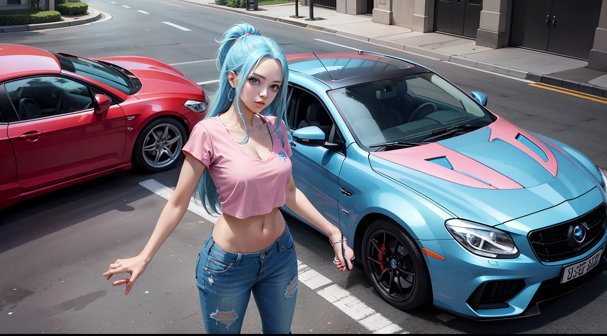 vivi from the anime one piece, long hair, light blue hair, beautiful, beautiful woman, very beautiful, wearing a pink t-shirt, short jeans, white Nike shoes, wearing a white baseball cap, standing, leaning against a car, car, light blue Lamborghini, is in the parking area, looking at the viewer, masterpiece, textured leather, super detailed, high detail, high quality, best quality, 1080P, HD, 16k
