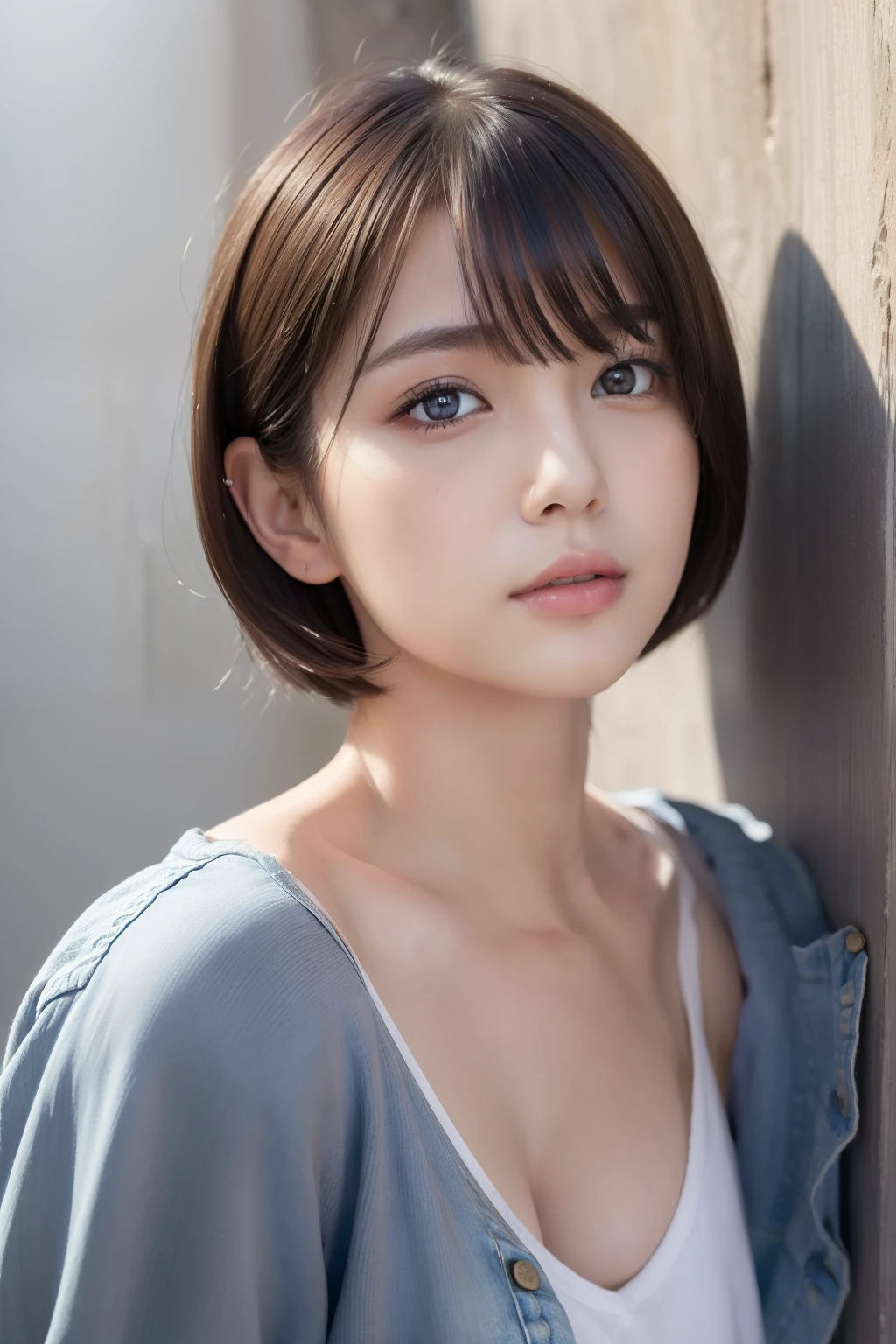 (masterpiece,best quality:1.4),(8k,raw photo,photo realistic:1.2),shiny skin,detailed skin,detailed face,detailed eyes,1girl,Japanese idol,beautiful face, short hair, nsfw, small breast, grey wall, blue jeans, white shirt