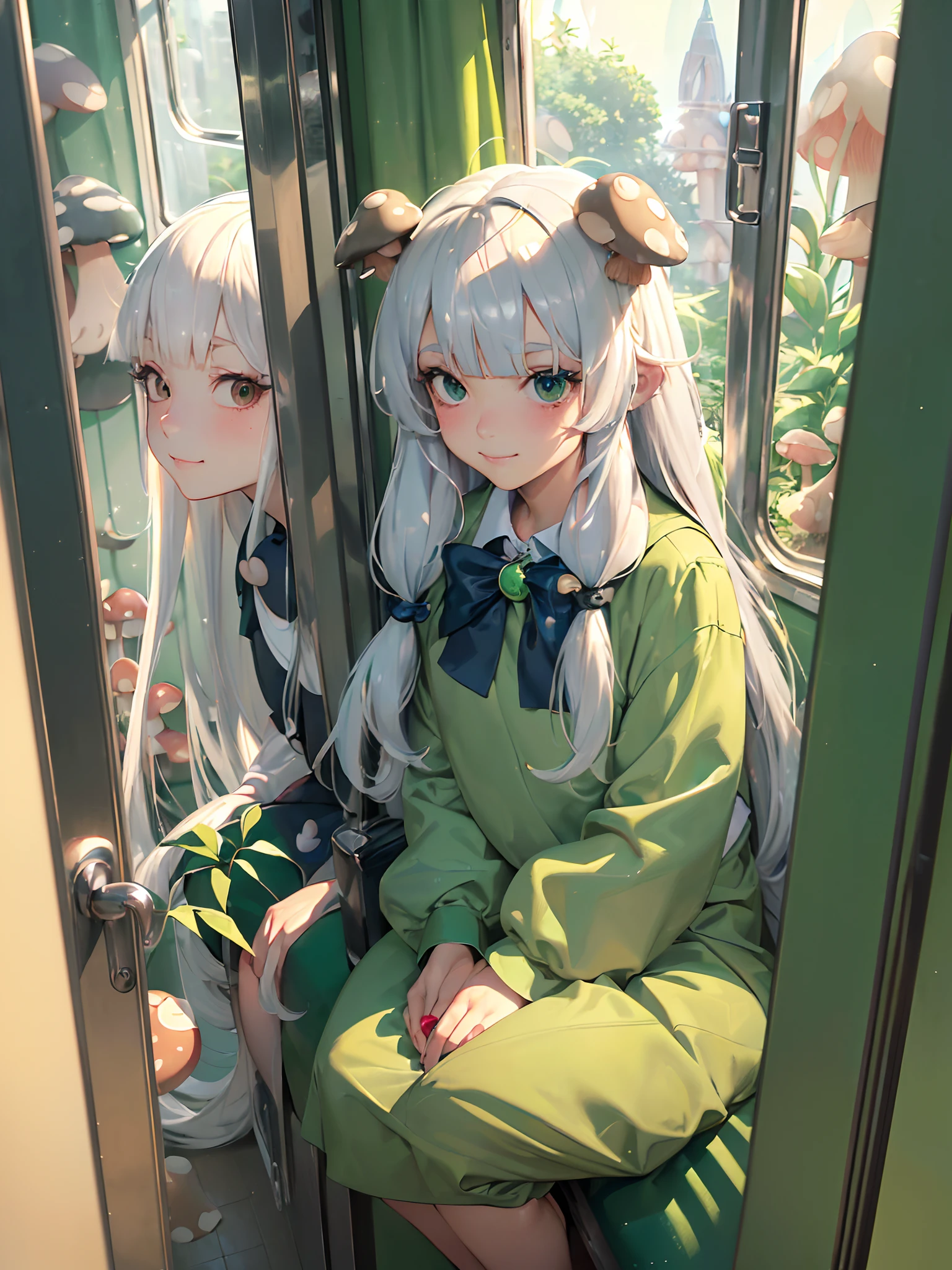 (platinum hair, long hair:1.3), small nose, sexy lip, (medium breast), (embarrassed), smile,
break
(school uniform:1.3), (mushroom on head:1.3), (✌️:1.3), (sitting:1.2), (from side:0.3), (fisheye:1.2), (muscular:0.8), (tedy bear:1.3), (perspective:1.3),
break
(cozy mood, green, plants, curtain:1.3) , (in train:1.3), (sparkle:1.2), (pastel color:1.3), (flat color:1.2), (hyperrealistic, raw photo),