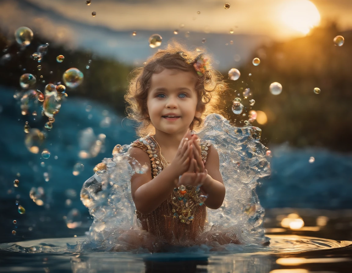 1garota linda, Maga manipulating water with his hands, water floating in bright bubbles, multi-layered clothing, clothes with decorations wearing jewelry, expression of innocence and joy