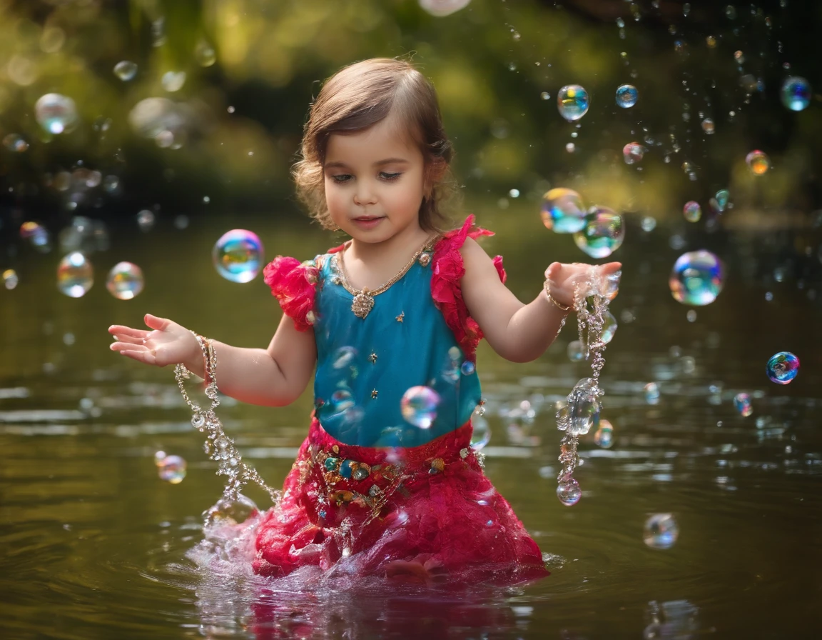 1garota linda, Maga manipulating water with his hands, water floating in bright bubbles, multi-layered clothing, clothes with decorations wearing jewelry, expression of innocence and joy