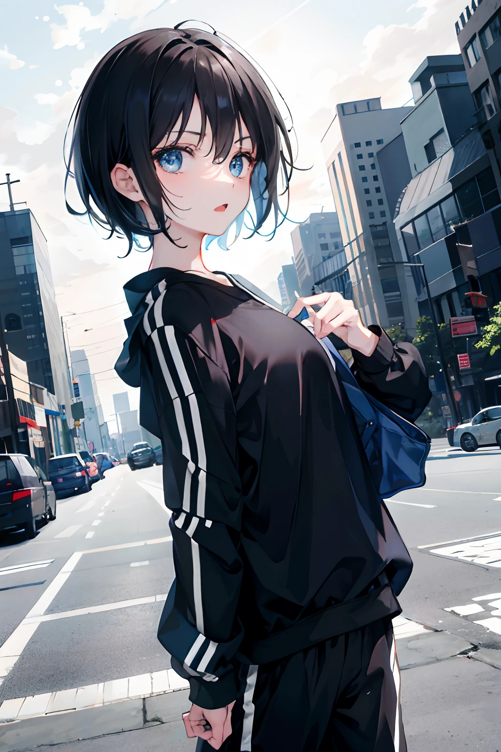 1girl, short black hair, blue eyes, open-mouthed, wearing black shirt, tracksuit, city, absurdres, high res, ultrasharp, 8K, masterpiece, looking at viewer