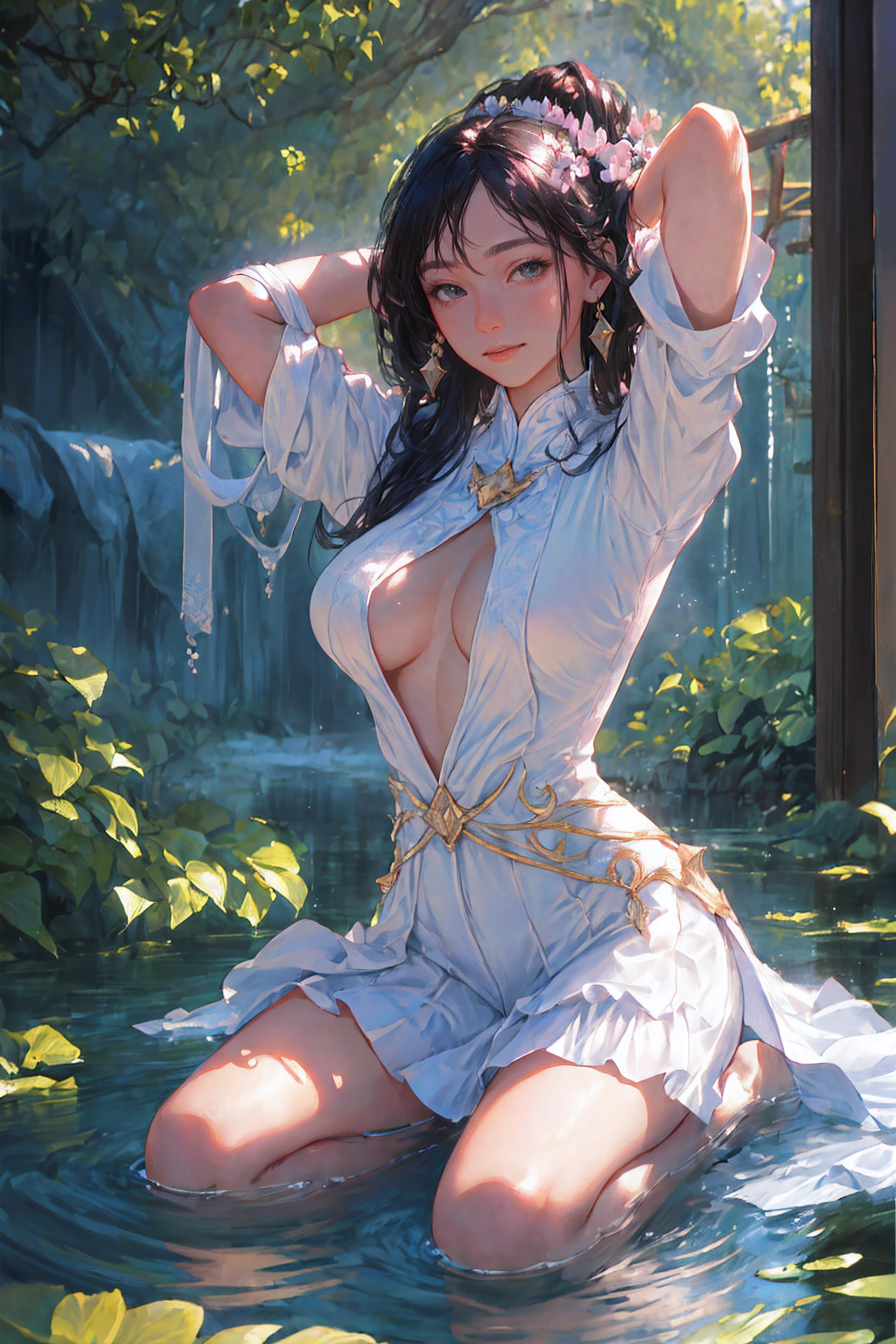 Best quality, masterpiece, ultra high res, (photorealistic:1.4), raw photo,(highly detailed:1.3),full body,large breasts,arms behind head,seiza,closed mouth,light smile, Ultra-detail,(highres:1.1),best quality,(masterpiece:1.3),cinematic lighting,