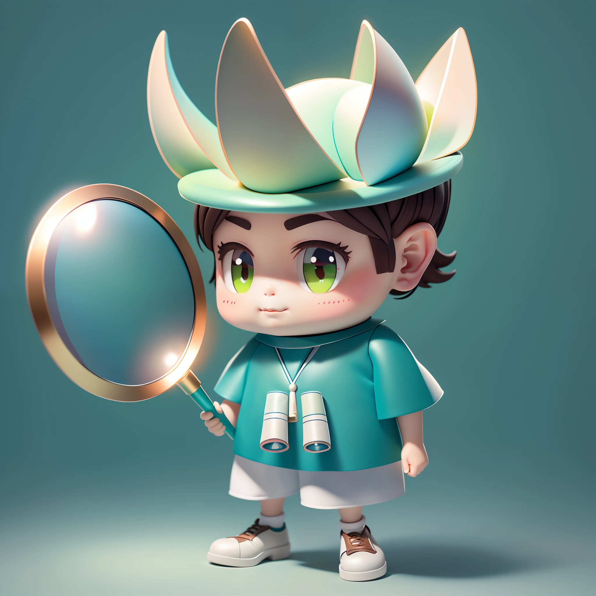 (Daisaku),(Need),(Super meticulous),(Authentic texture),(Realistic light and shadow),(full bodyesbian:1.2),1boys,White and green gradient headdress,adolable,ssmile,clean backdrop,Magnifying glass in hand,Highlights on a magnifying glass,Dark brown hair,Light blue short-sleeved top,Dark blue shorts,White socks,Dark brown leather shoes,Blushlush,The shirt,short detailed hair,A magnifying glass hung around his neck,Blush stickers,longer sleeves,By bangs,pinkflower,(beautiful detailed face),(美丽细致的眼睛)