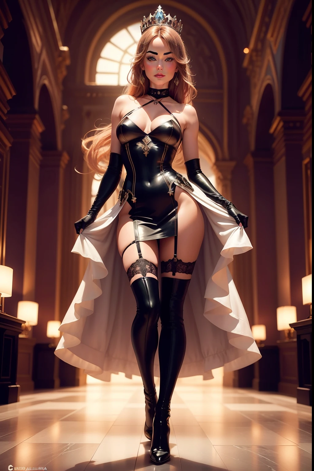 sexy Olivia Wilde is a princess inside the palace, full body shot, full body on the picture, wearing princess long tight corsait dress, sleeveless, lifting skirt up, high heels, high boots, lace stockings, garter belt, long gloves, choker, vivid lipstick, heavy makeup, eyeliner, ponytail