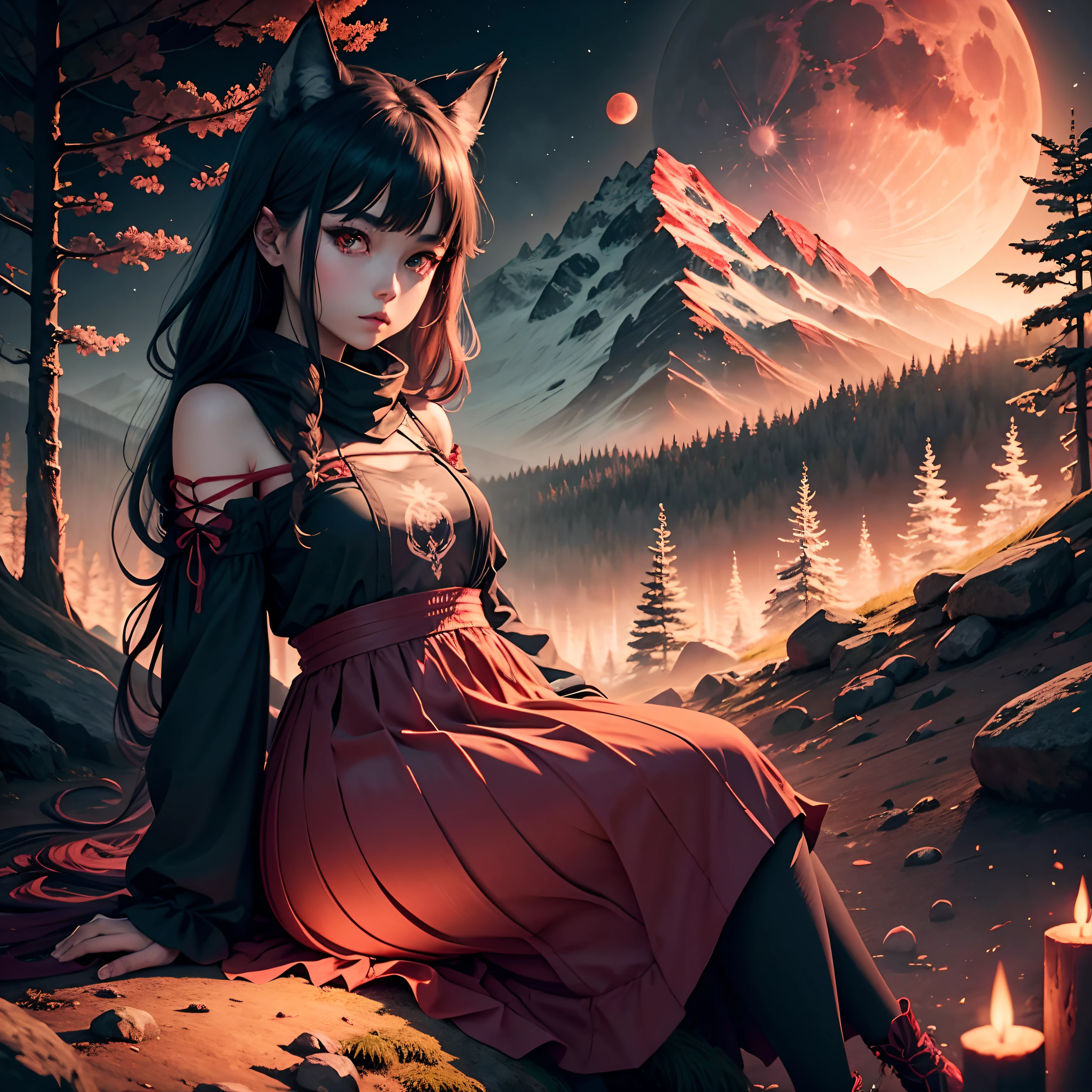 1 wolf demon girl in the night of full red moon in the centered of forest, mountain in distance, portrait full body --auto