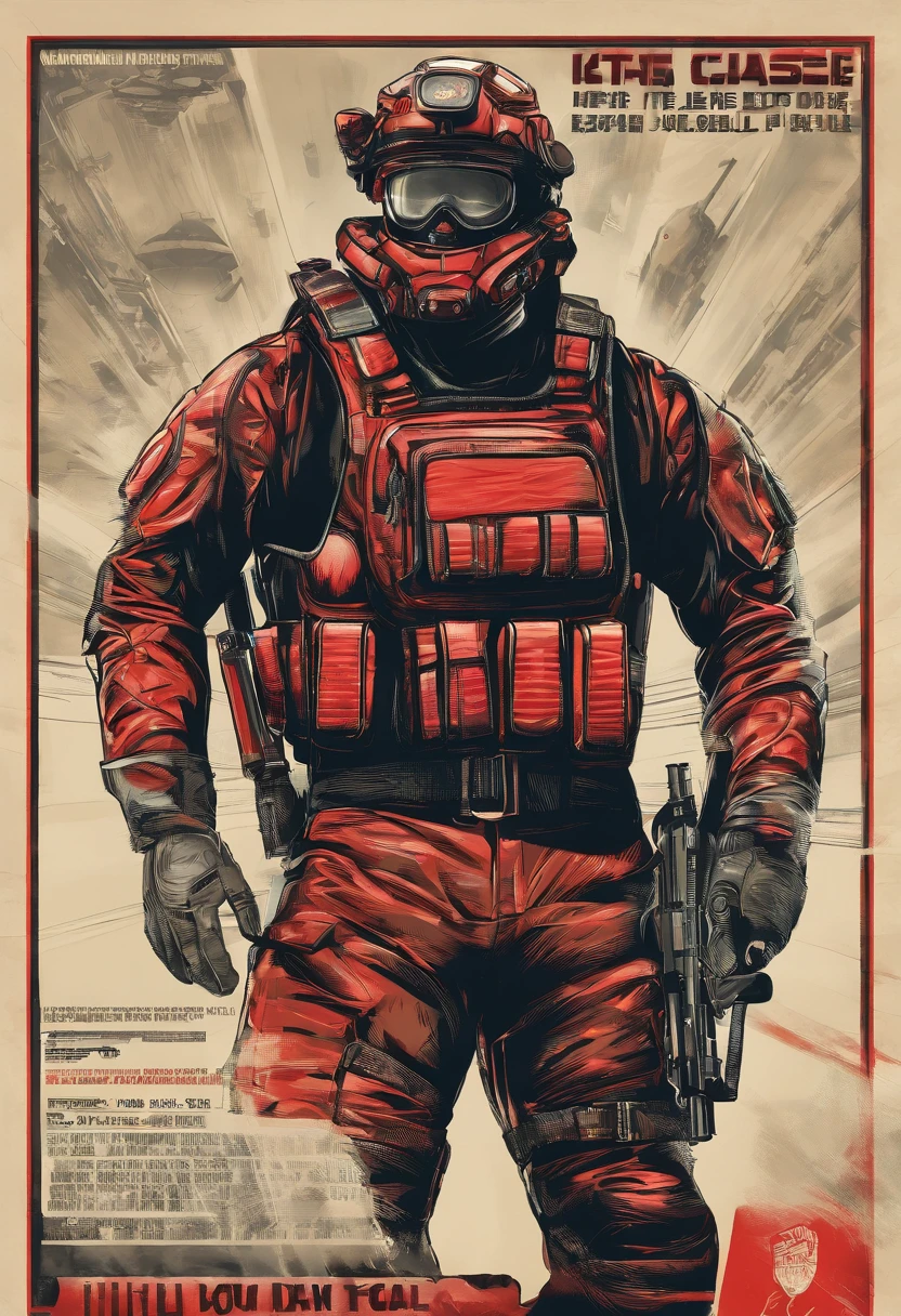 Advertising for recruitment into the army, no cartaz a soldados sci-fi com armadura preta com um capacete que esconde o rosto com um visor vermelho e segurando uma arma, above on the poster is written "join the cause!", Distopia