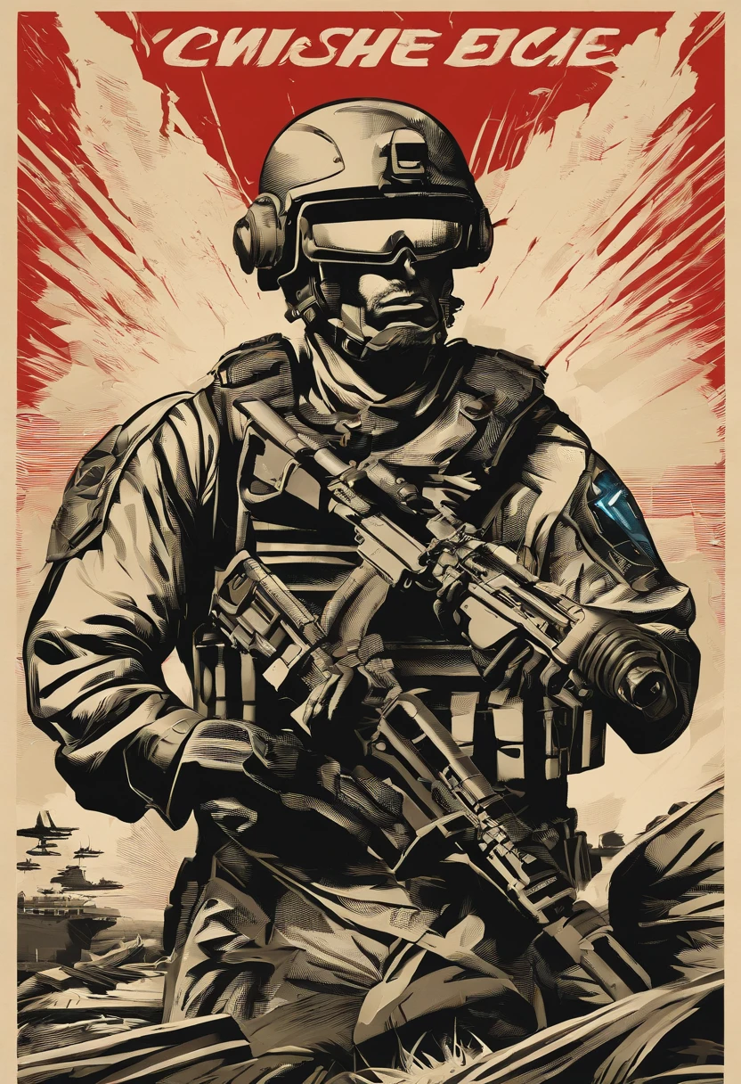 Advertising for recruitment into the army, no cartaz a soldados sci-fi com armadura preta com um capacete que esconde o rosto com um visor vermelho e segurando uma arma, above on the poster is written "join the cause!", Distopia
