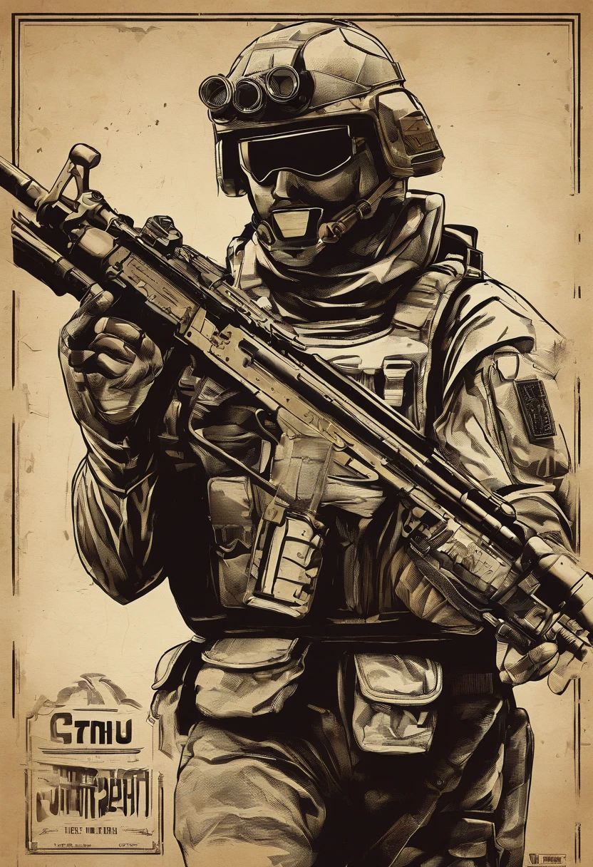 Advertising for recruitment into the army, no cartaz a soldados sci-fi com armadura preta com um capacete que esconde o rosto com um visor vermelho e segurando uma arma, above on the poster is written "join the cause!", Distopia