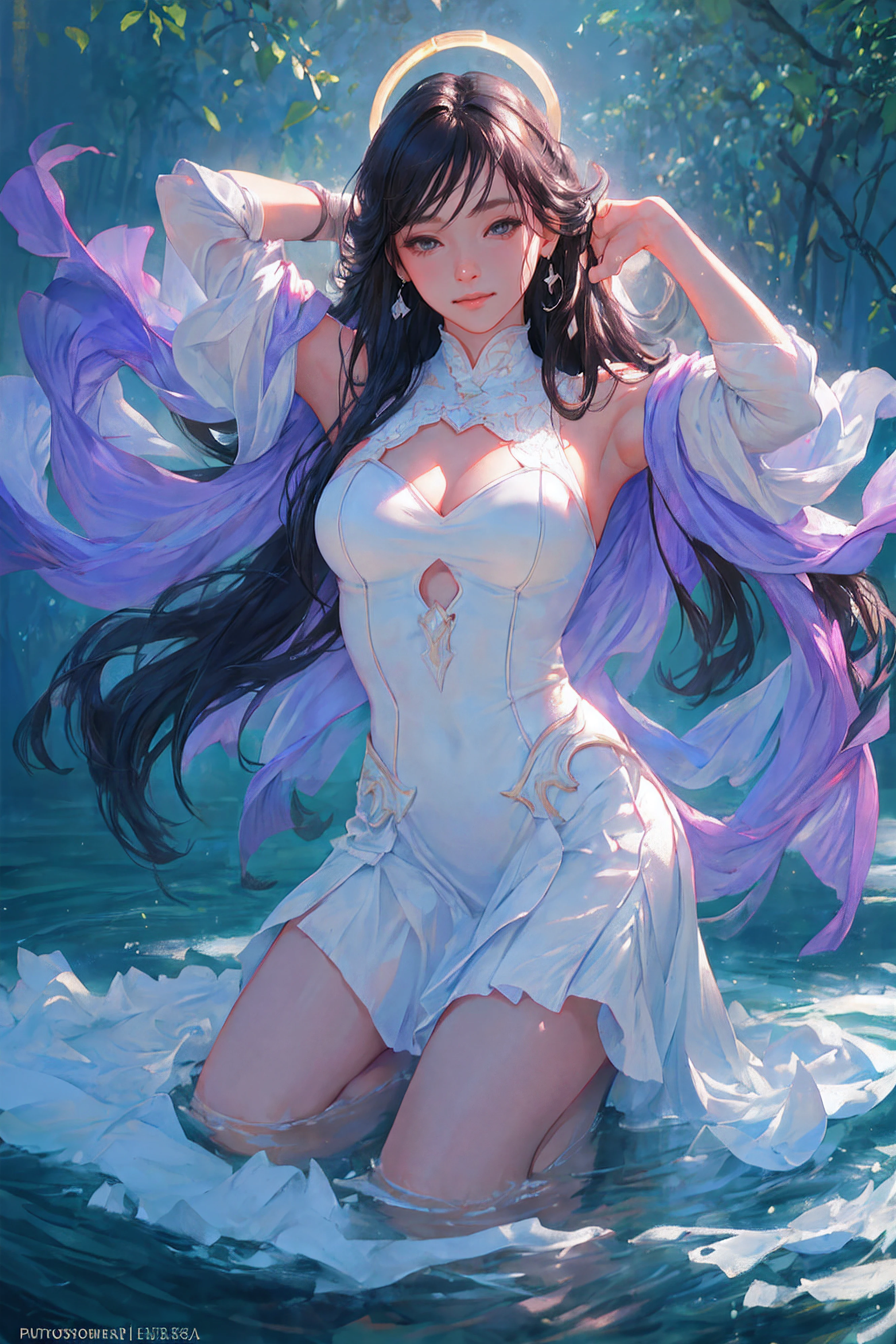 Best quality, masterpiece, ultra high res, (photorealistic:1.4), raw photo,(highly detailed:1.3),full body,large breasts,arms behind head,seiza,closed mouth,light smile, Ultra-detail,(highres:1.1),best quality,(masterpiece:1.3),cinematic lighting,