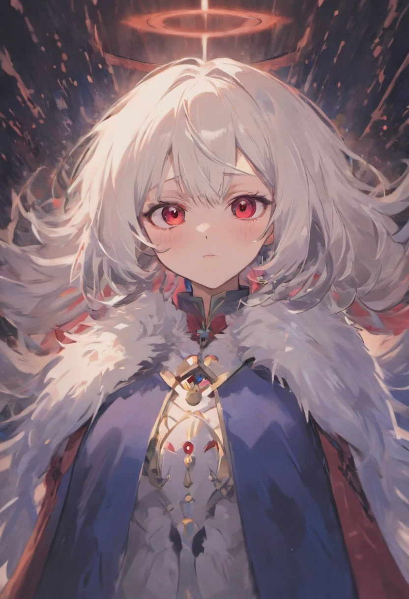 Adult woman, white hair, red eyes, cold , dark blue white fur coat, emotionless face.