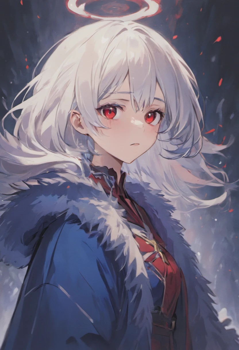 Adult woman, white hair, red eyes, cold , dark blue white fur coat, emotionless face.