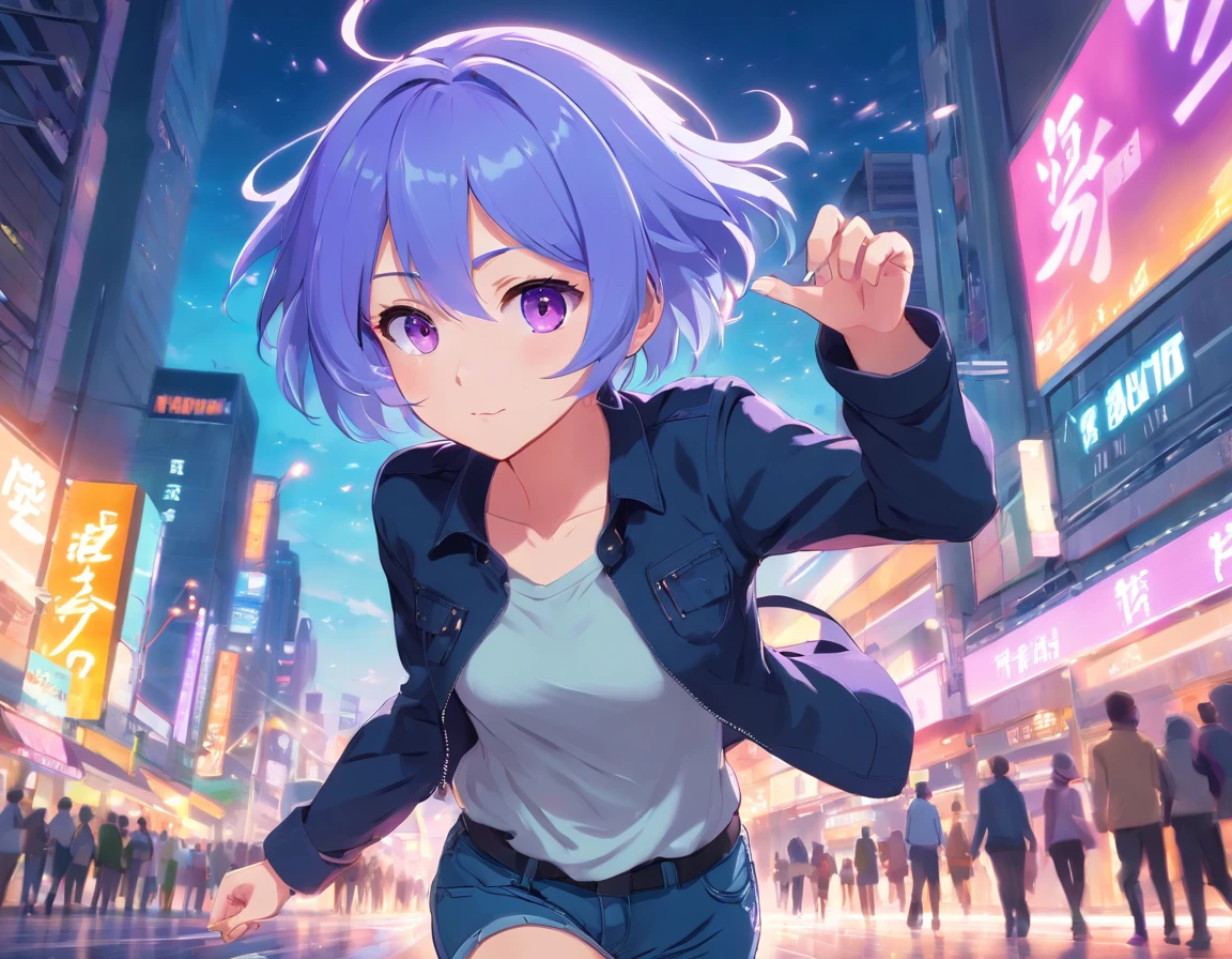 anime  girl with short sized light blue hair reaching her shoulders, having bright purple eyes and having a headband running through her hair wearing denim pants and a black suit.