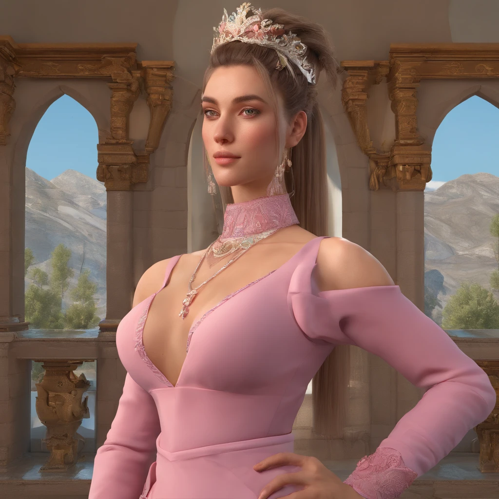 Woman, serious, warrior, armour, elegant, pink dress, aristocratic, silver elements, long nails, bare shoulders, hairstyle, hair up, braid and ponytail, messy, arrogant, absurd, detailed dress, royalty, celebration, hall decorated with flowers, cowboy shot, portrait, (best quality), (masterpiece), (highly detailed), (4k)