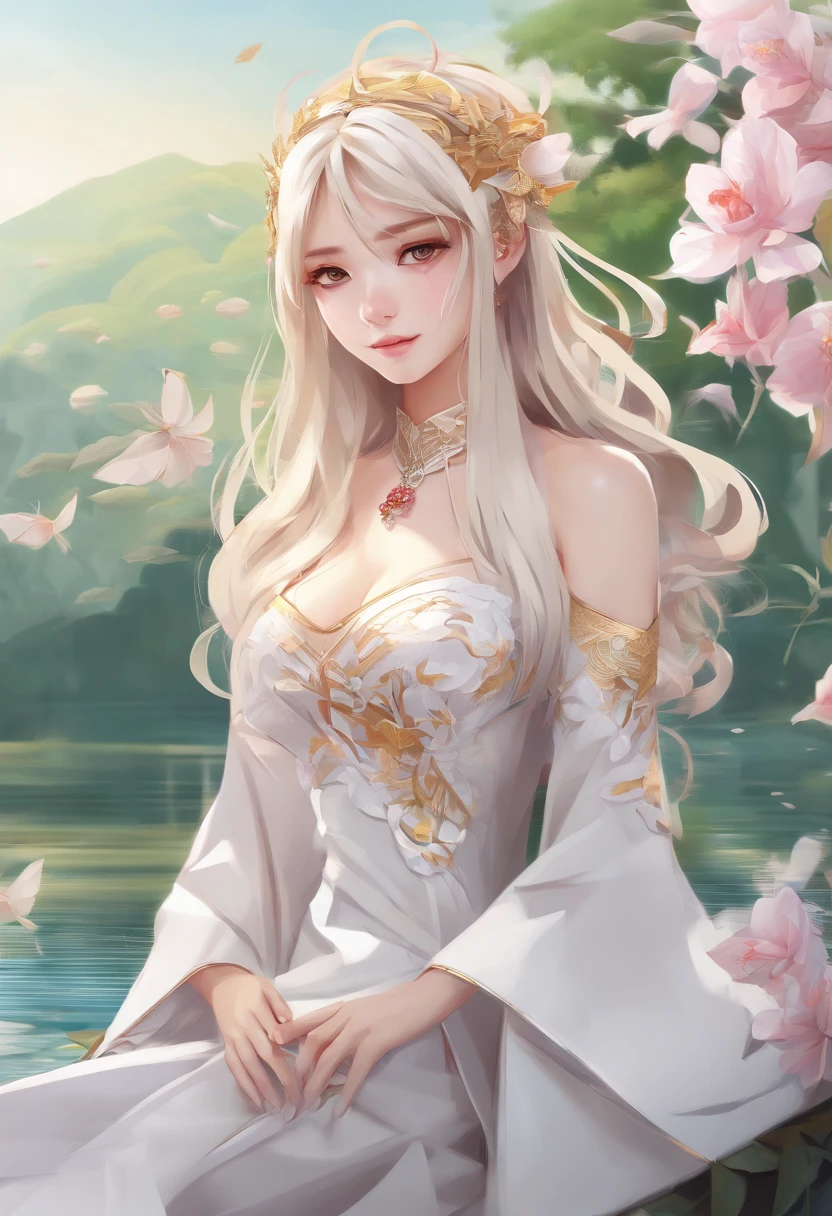 (Best quality,4K,8K,A high resolution,Masterpiece:1.2),Ultra-detailed,(Realistic,Photorealistic,photo-realistic:1.37),anime big breast,Girl sitting on a pond chair,lilies,Palace,A girl dressed in traditional Chinese clothing,gilded lotus princess,Guweiz in Pixiv ArtStation,Anime goddess,Guviz,Fan art in the style of Guvez,beautiful fantasy empress,long-haired blonde anime girl