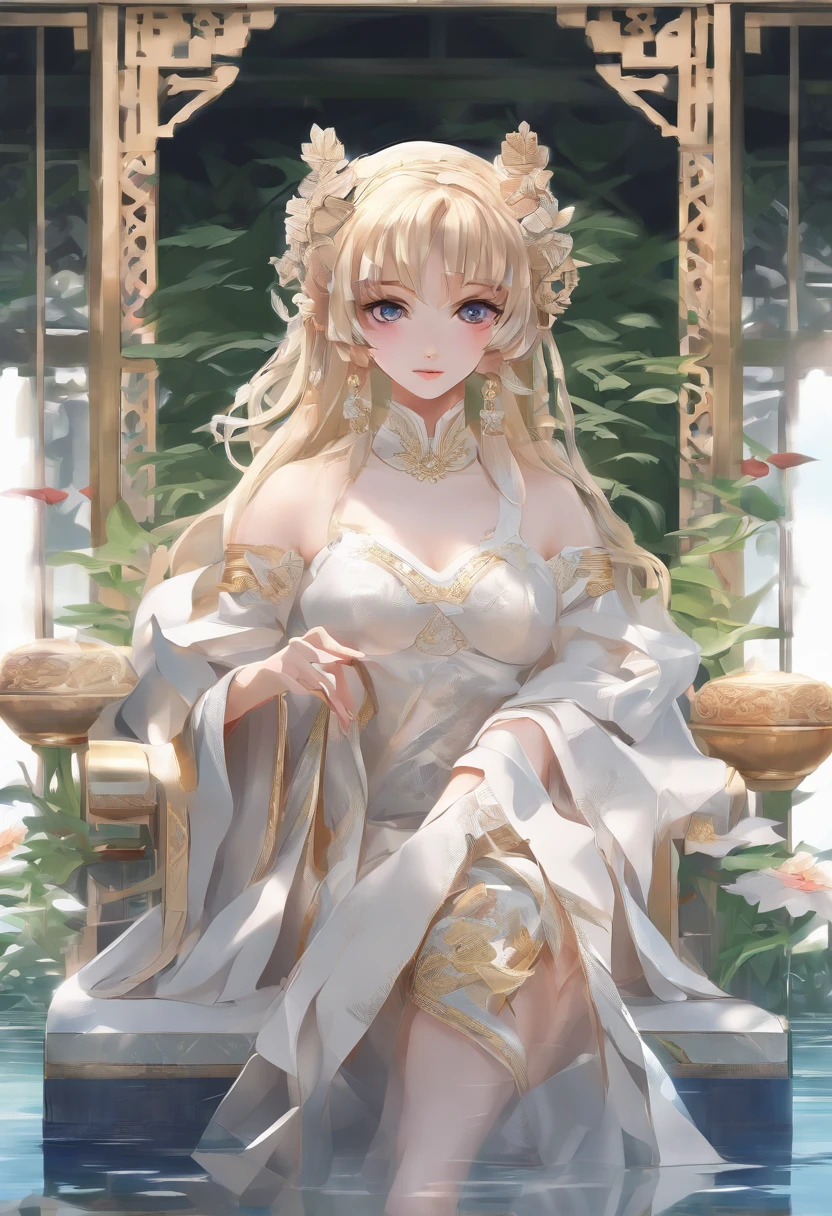 (Best quality,4K,8K,A high resolution,Masterpiece:1.2),Ultra-detailed,(Realistic,Photorealistic,photo-realistic:1.37),anime big breast,Girl sitting on a pond chair,lilies,Palace,A girl dressed in traditional Chinese clothing,gilded lotus princess,Guweiz in Pixiv ArtStation,Anime goddess,Guviz,Fan art in the style of Guvez,beautiful fantasy empress,long-haired blonde anime girl