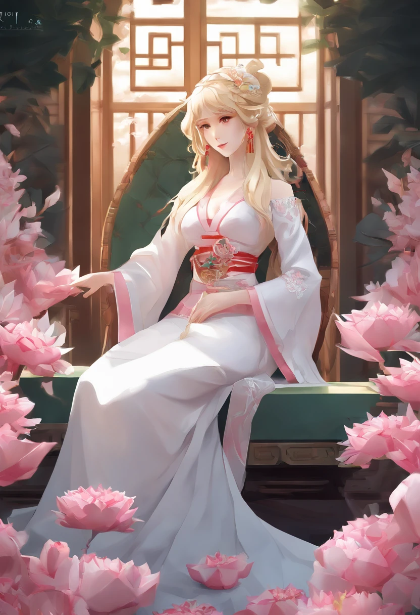 (Best quality,4K,8K,A high resolution,Masterpiece:1.2),Ultra-detailed,(Realistic,Photorealistic,photo-realistic:1.37),anime big breast,Girl sitting on a pond chair,lilies,Palace,A girl dressed in traditional Chinese clothing,gilded lotus princess,Guweiz in Pixiv ArtStation,Anime goddess,Guviz,Fan art in the style of Guvez,beautiful fantasy empress,long-haired blonde anime girl
