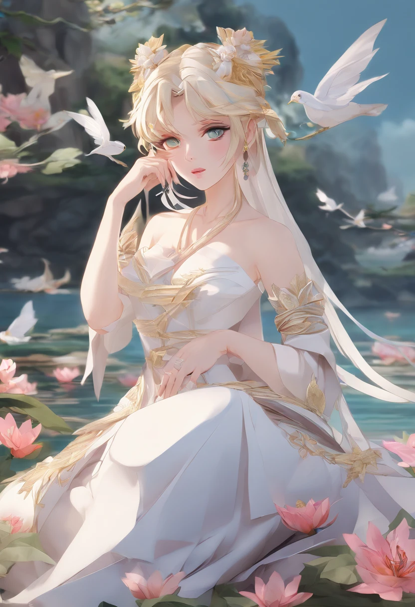 (Best quality,4K,8K,A high resolution,Masterpiece:1.2),Ultra-detailed,(Realistic,Photorealistic,photo-realistic:1.37),anime big breast,Girl sitting on a pond chair,lilies,Palace,A girl dressed in traditional Chinese clothing,gilded lotus princess,Guweiz in Pixiv ArtStation,Anime goddess,Guviz,Fan art in the style of Guvez,beautiful fantasy empress,long-haired blonde anime girl