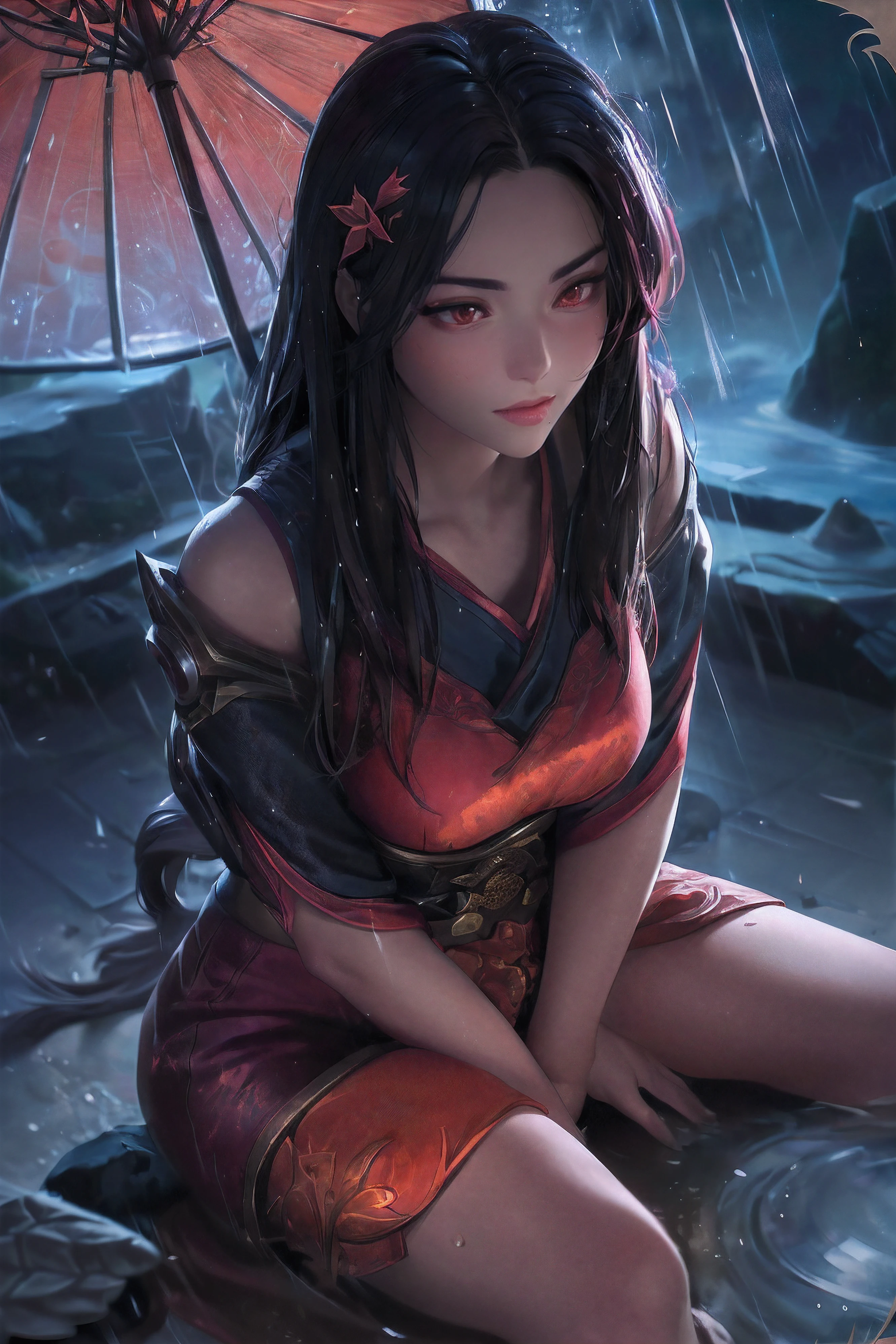 (League of Legends:1.5), (detailed manga illustration:1.5),(ultra-detailed:1.5),(idyllic),chinese classical style, (rain:1.5),raindrop, (maplegrove:1.3),dense leaves, rockery landscapr, spring water, [ink painting], (mournful, poignant), (color splashing:1.15),(watercolor:1.2),(depth of field:1.25),(solo:1.5) ,[ghostdom], backlight, [looking to the side],
(1 beautiful girl:1.25) with (chinese hanfu: dark red+black),(chinese antiquities) and gorgeous,(hair ribbon),(fox ears),(detailed beautiful red eyes:1.15), (beautiful face:1.15), (black long hair, gradual dark red colored tips), (fox tail),(maple leaves, fallen leaves),soaking feet, expressionless, sitting under a maple tree,scowling, film grain, reflection light, glowing light, cinematic lighting, partially underwater shot, textured skin,wet skin,wet clothes,Correct hands,close up of face