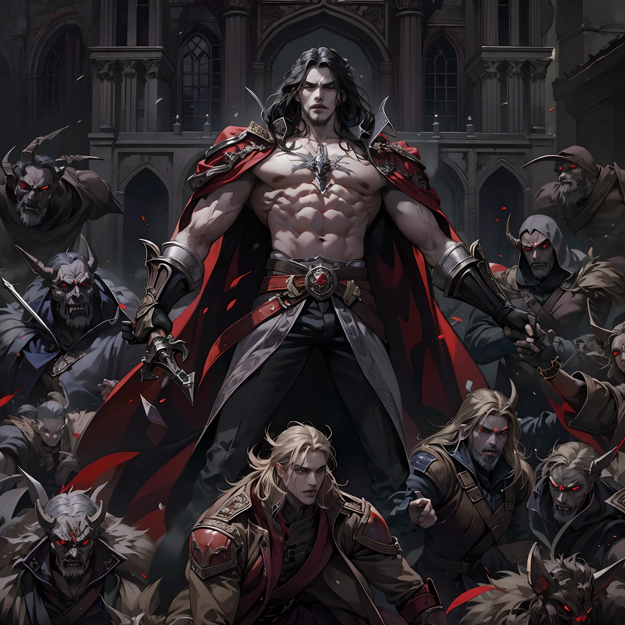 Castlevania Shadow Lord handsome muscular Lord Dracula leading troops armed with demons to war hyper realistic super detailed Dynamic pose super detailed faces hyper realistic super detailed