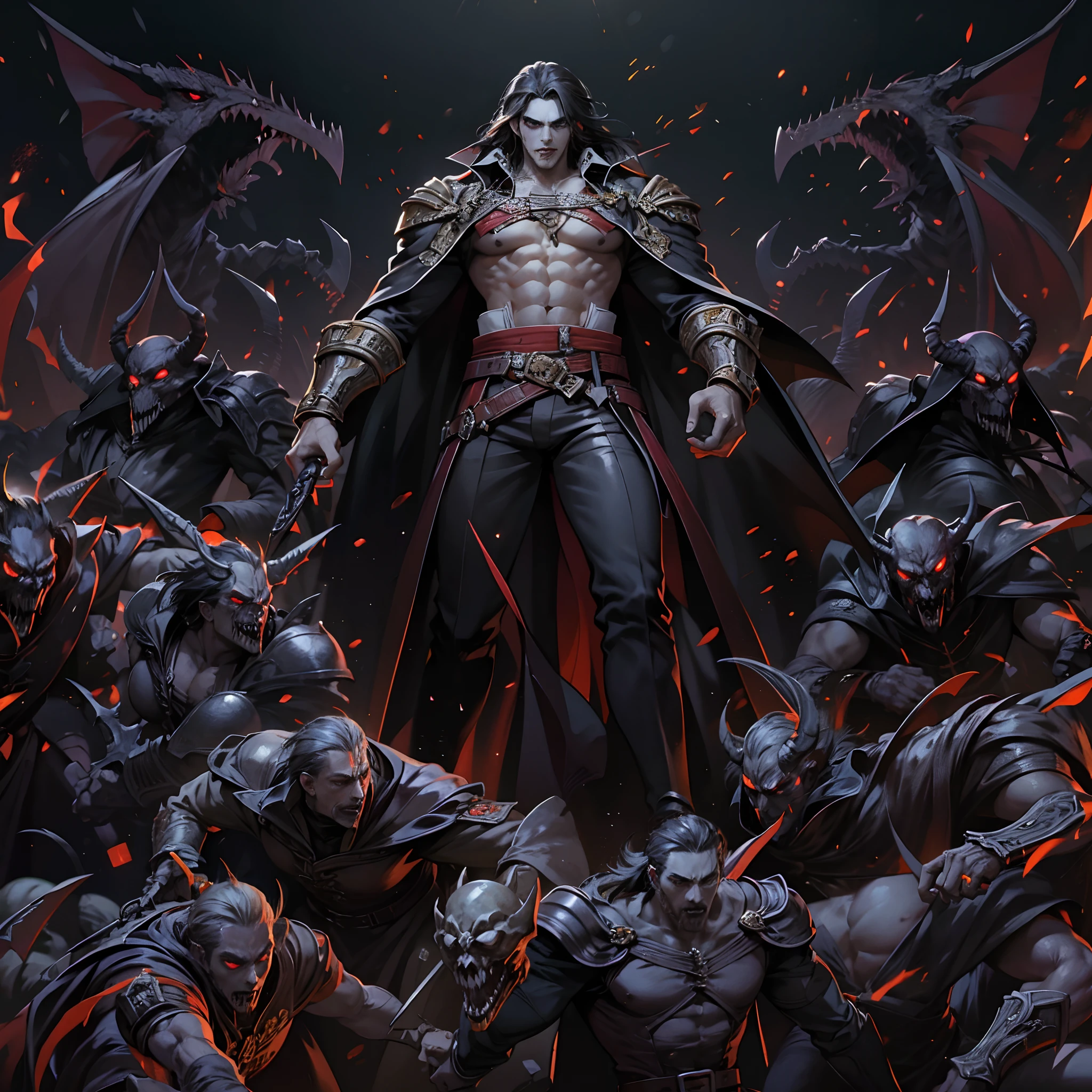 Castlevania Shadow Lord handsome muscular Lord Dracula leading troops armed with demons to war hyper realistic super detailed Dynamic pose super detailed faces hyper realistic super detailed