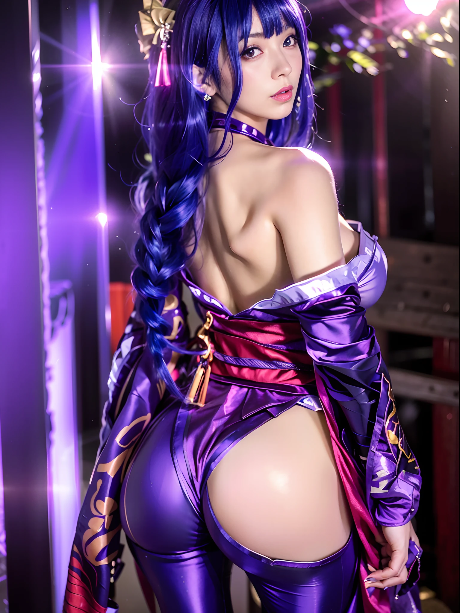 Close-up of a woman in a purple dress and purple cape, juri misaki, 《Street Fighter》Juli Han, Japanese goddess, lit from behind, Irelia from League of Legends, Anime girl cosplay, cosplay, nico robin, Purple body, glamourous cosplay, elegant glamourous cosplay, Misato Katsuragi, from league of legends
