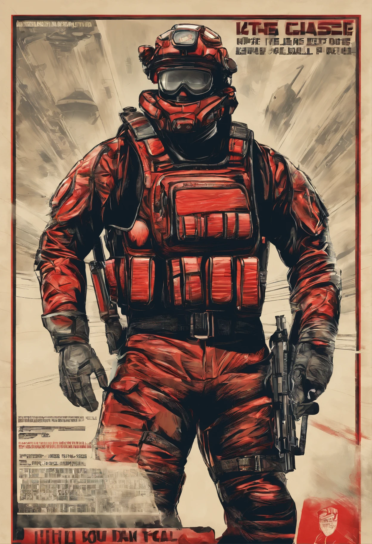 Advertising for recruitment into the army, no cartaz a soldados sci-fi com armadura preta com um capacete que esconde o rosto com um visor vermelho e segurando uma arma, above on the poster is written "join the cause!", Distopia