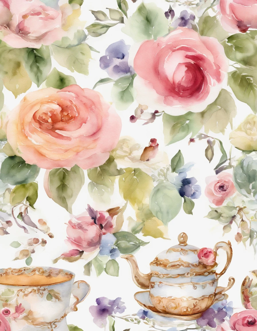 Create an invitation card that captures the essence of a garden tea party. Include watercolor illustrations of blooming roses and vintage teacups. Opt for a soft pastel color palette and cursive fonts.
