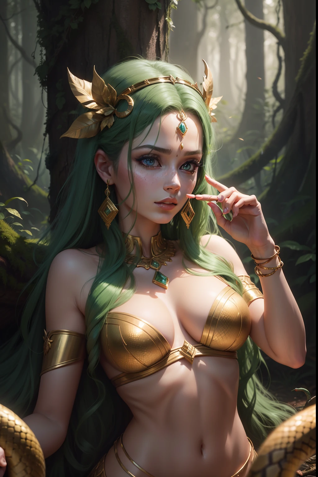 Create an image depicting the moment Hera turns Tiretius into a woman as punishment for disturbing the mating of snakes in the hyperrealistic forest image