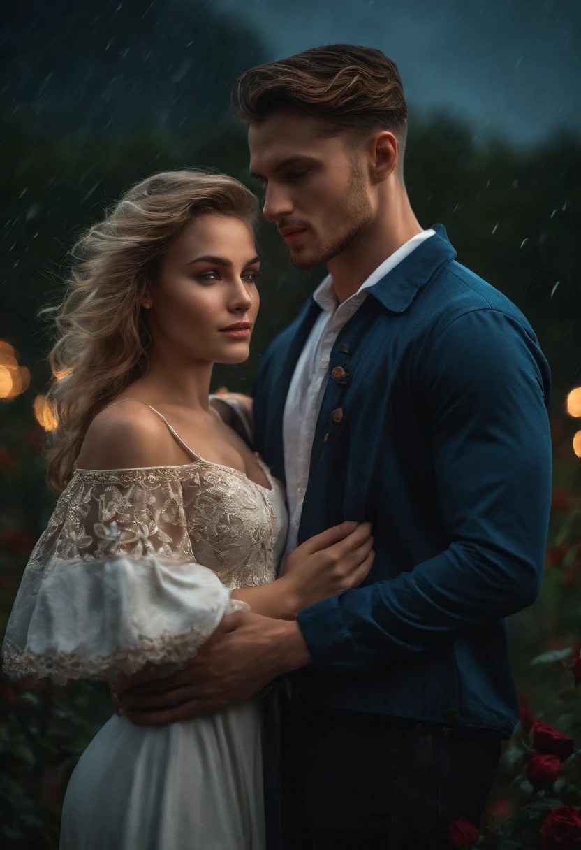 25 YEAR OLD MAN AND WOMAN IN THE RAIN, ROMANTIC, ROMANCE, LOVERS, NIGHTTIME, MOONLIGHT, ROSE FLOWER, intricate details, HDR, beautifully shot, realistic, sharp focus, 64 megapixels, perfect composition, high contrast, cinematic, 8K, CAUCASIAN, GOLDEN HAIR, BLUE EYES, LOVE, NATURE