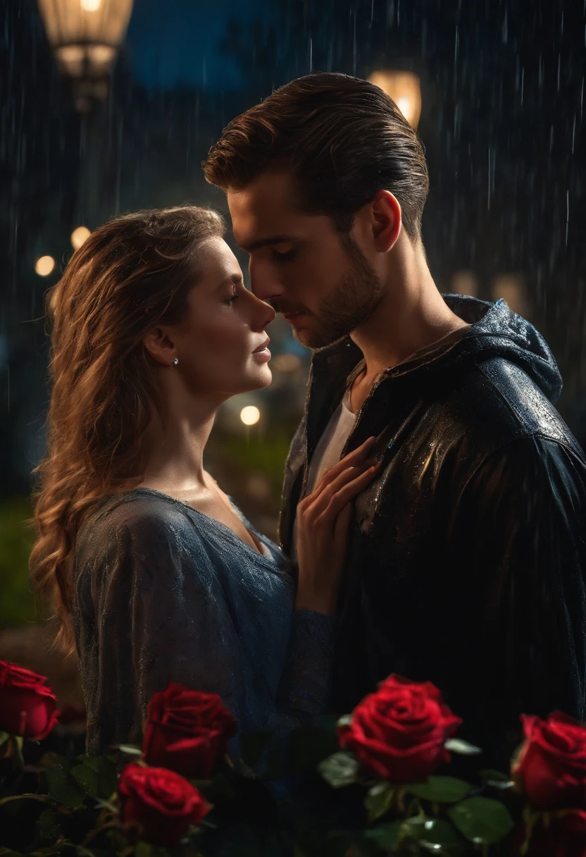 25 YEAR OLD MAN AND WOMAN IN THE RAIN, ROMANTIC, ROMANCE, LOVERS, NIGHTTIME, MOONLIGHT, ROSE FLOWER, intricate details, HDR, beautifully shot, realistic, sharp focus, 64 megapixels, perfect composition, high contrast, cinematic, 8K, CAUCASIAN, GOLDEN HAIR, BLUE EYES, LOVE, NATURE