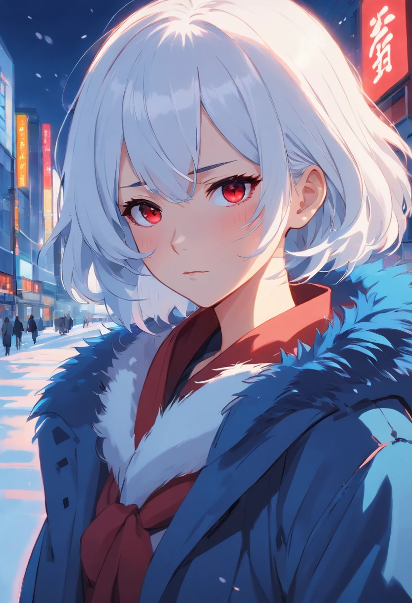 mature woman, White Hair, Red Eyes, cold , Dark blue white fur coat, Emotionless faces.