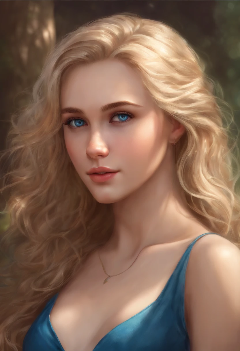 (masterpiece: 1.4), 1 blonde girl, teenage, (small breasts), sparkly blue colored eyes, realistic skin, perfect body, cleavage, midriff, extremely detailed hair, (cute)
