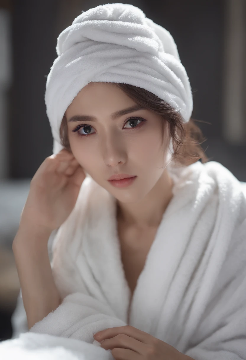 Best Quality, realisitic, Photorealistic, extremely highly detailed, an extremely delicate and beautiful, Raw foto, s whole body, 27-year-old female, (Massage on the massage bed: 1.3), Black hair, Black eyes, Small head, fashion girl, beautidful eyes, tiny boobs,real face, real skin, realistic face, Realistic skin, Detailed Eyes, Detailed facial features, detailed clothing features, (Cover with a white towel:1.3), (Tie your hair with a white towel: 1.3) dynamic poses, back-view, looking away, focus on the face, detailed face and breast