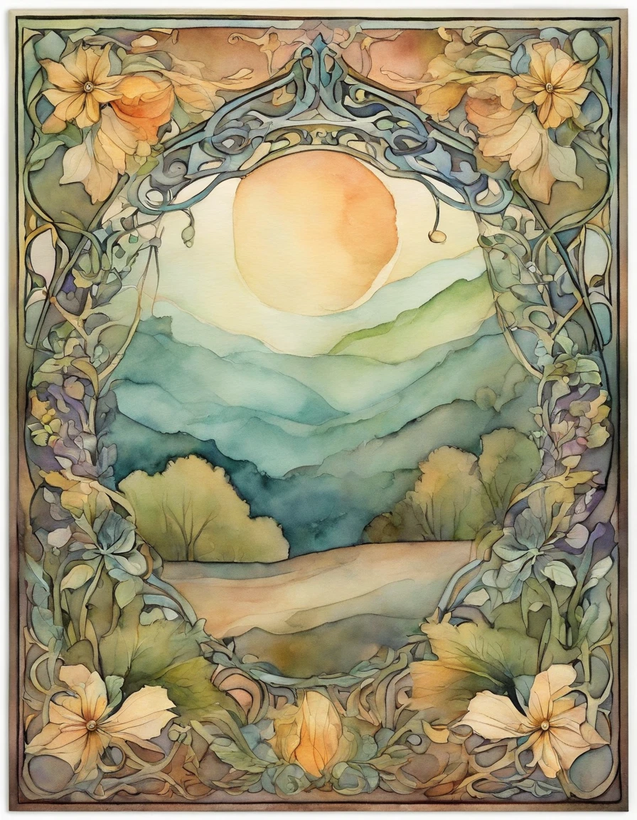 Craft an invitation card inspired by the Art Nouveau movement. Incorporate flowing, organic shapes, ornate borders, and iridescent colors. Use a vintage poster-style font
