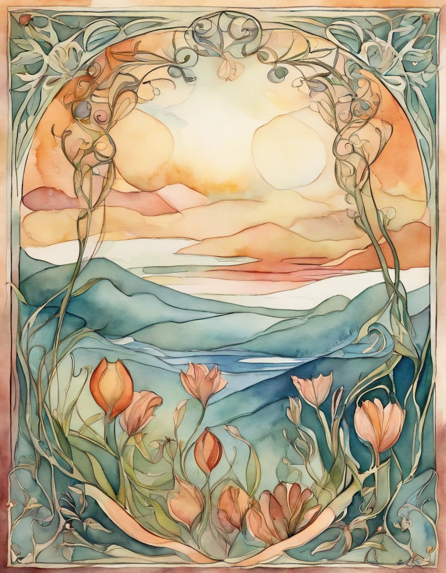 Craft an invitation card inspired by the Art Nouveau movement. Incorporate flowing, organic shapes, ornate borders, and iridescent colors. Use a vintage poster-style font