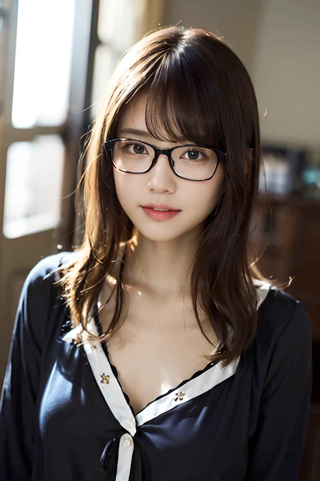(8K、Raw photography、top-quality、​masterpiece:1.2)、(realisitic、Photorealsitic:1.37)、ultra-detailliert、超A high resolution、女の子1人、see the beholder、beautifull detailed face、A smile with a little visible teeth、Constriction、(Slim waist) :1.3)、((Cute pajamas))、pastel clothing、Beautiful detailed skin、Skin Texture、Floating hair、((Fluffy hairstyle))、large breasts with good shape、Professional Lighting、autumn night、Bedroom、((Black square glasses ))、Whole human body、Black hair、((Shameful appearance))、Pay attention to your audience、
