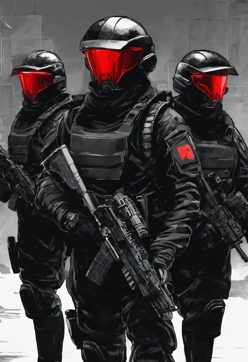 Several front soldiers wearing black uniforms with helmets that hide their faces with bright red visors, sci-fi, distopia