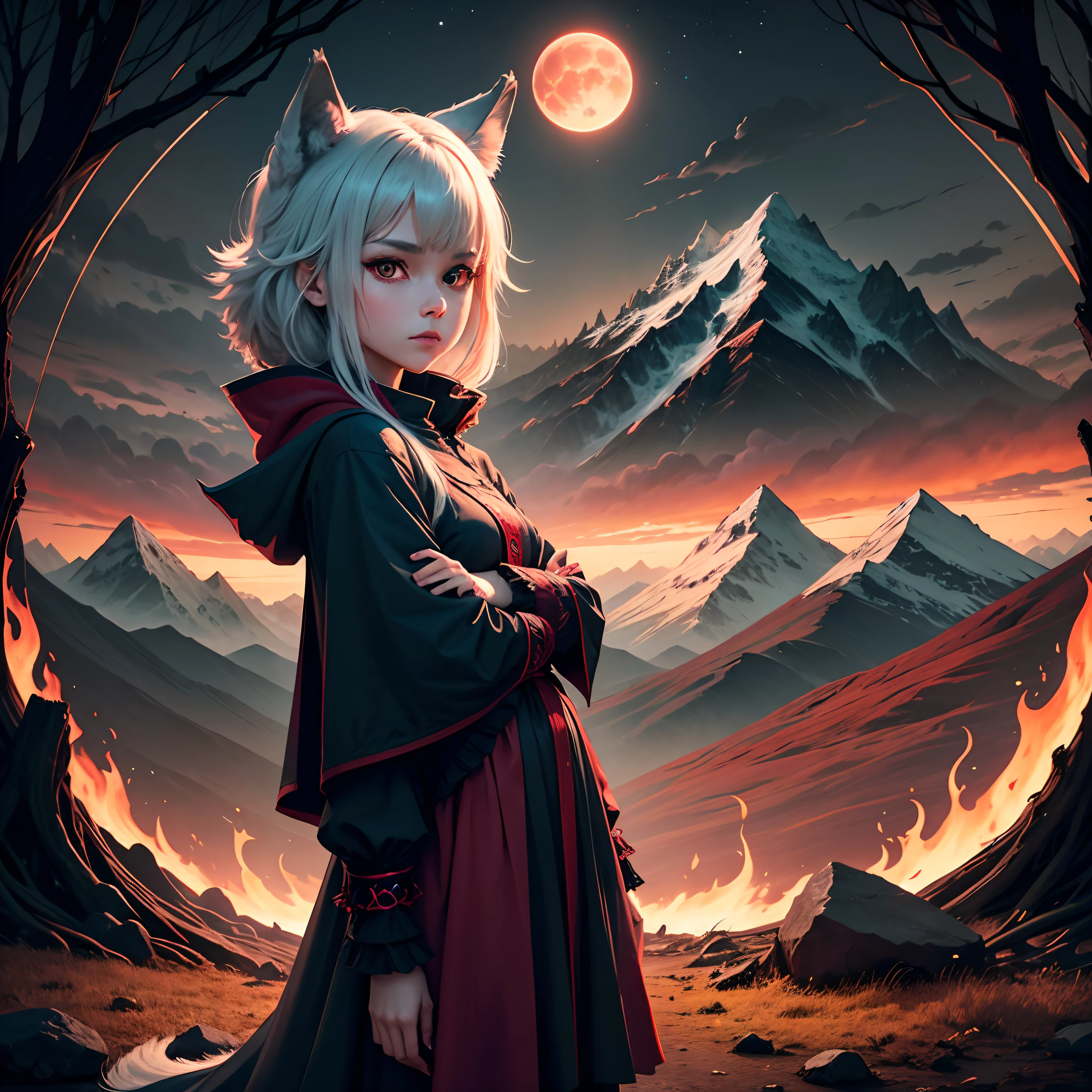1 wolf demon girl in the night of full red moon in the centered of forest, mountain in distance, portrait full body --auto