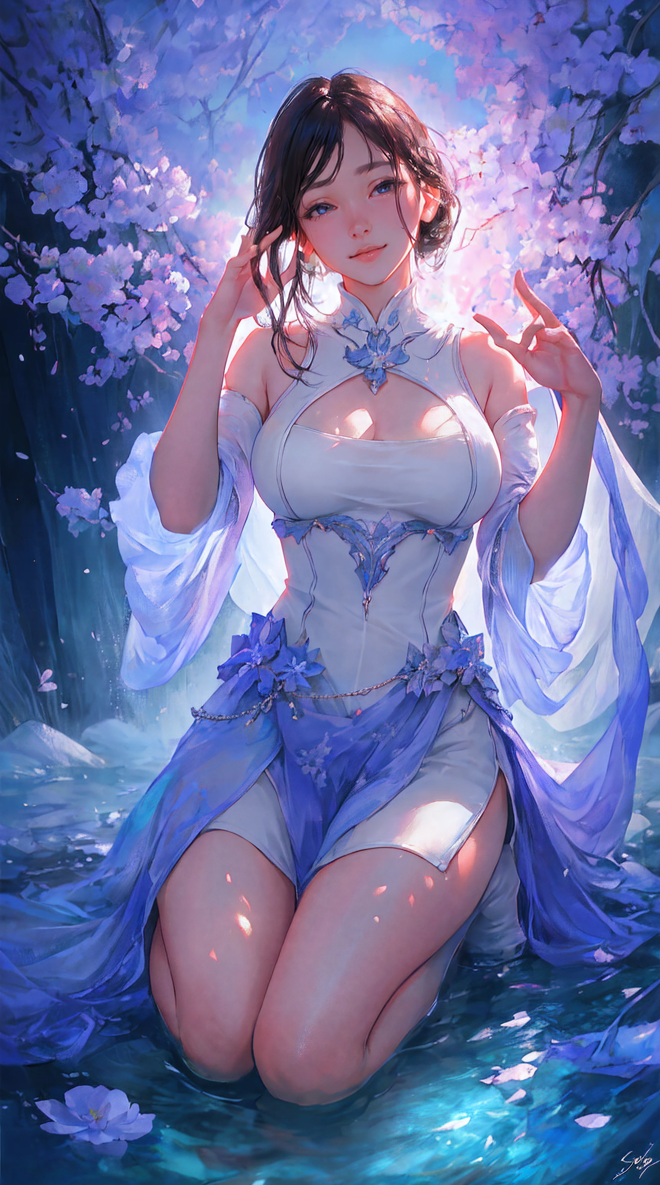 Best quality, masterpiece, ultra high res, (photorealistic:1.4), raw photo,(highly detailed:1.3),full body,large breasts,seiza,closed mouth,light smile, Ultra-detail,(highres:1.1),best quality,(masterpiece:1.3),cinematic lighting,full body