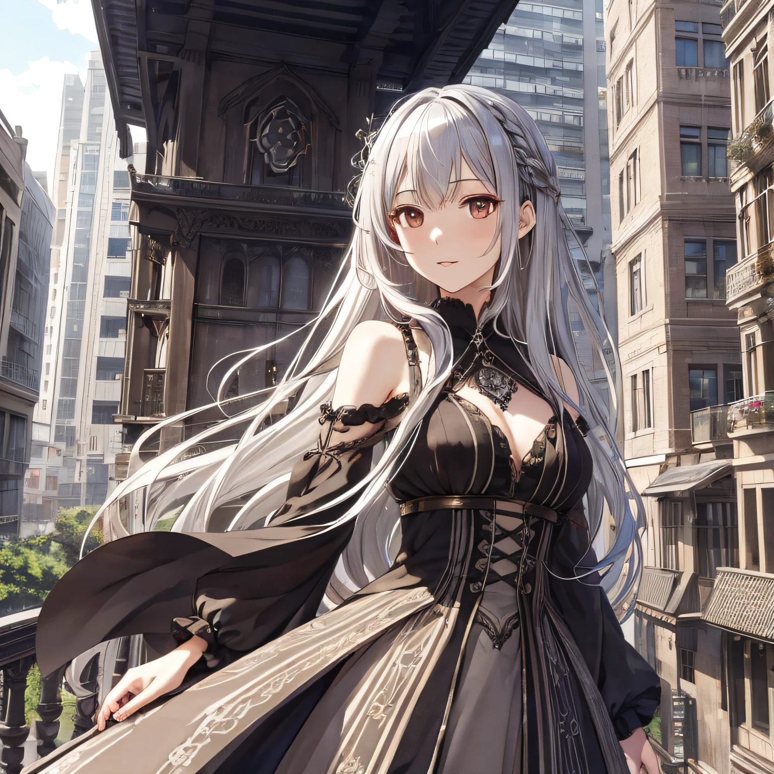 masutepiece, Best Quality, Highly detailed, hight resolution, nffsw,, Chovitz, Chii, Somatosensory,, 1girl in, Solo, Bangs, Brown eyes, Bulbophyllum (circle) (Style), Silver hair, Long hair, hair tubes, gothic lorita, Beautiful background, Detailed background, Skyscraper, On the roof of a building,  silver ornaments, Silver, Platinum effect,