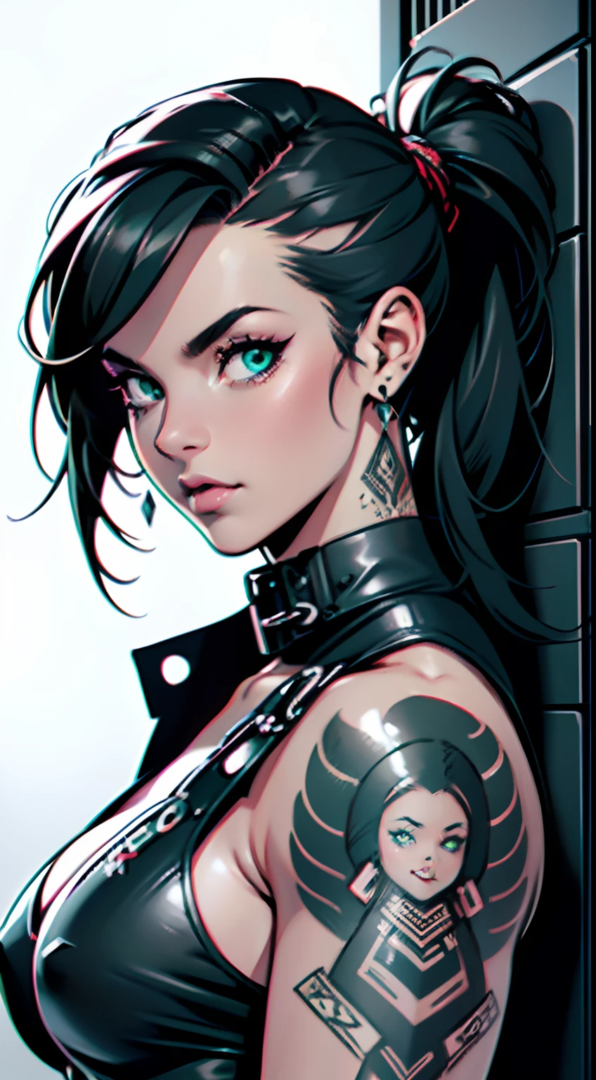 Monochromatic shadows, Atractiva mujer punk metropolitana con tatuajes de cabello negro y belleza siniestra, Tono dual, Hard lighting in the split-tone mastery style, Crisp neo-pop illustrations, verde azulado claro, blanco, Salmon and whitish, 32K UHD, Comic art, steampunk, Pop callejero, emotion, cerrar, vibrante, illustration, ((Usar auriculares)), Antecedentes abstractos, Kinematic