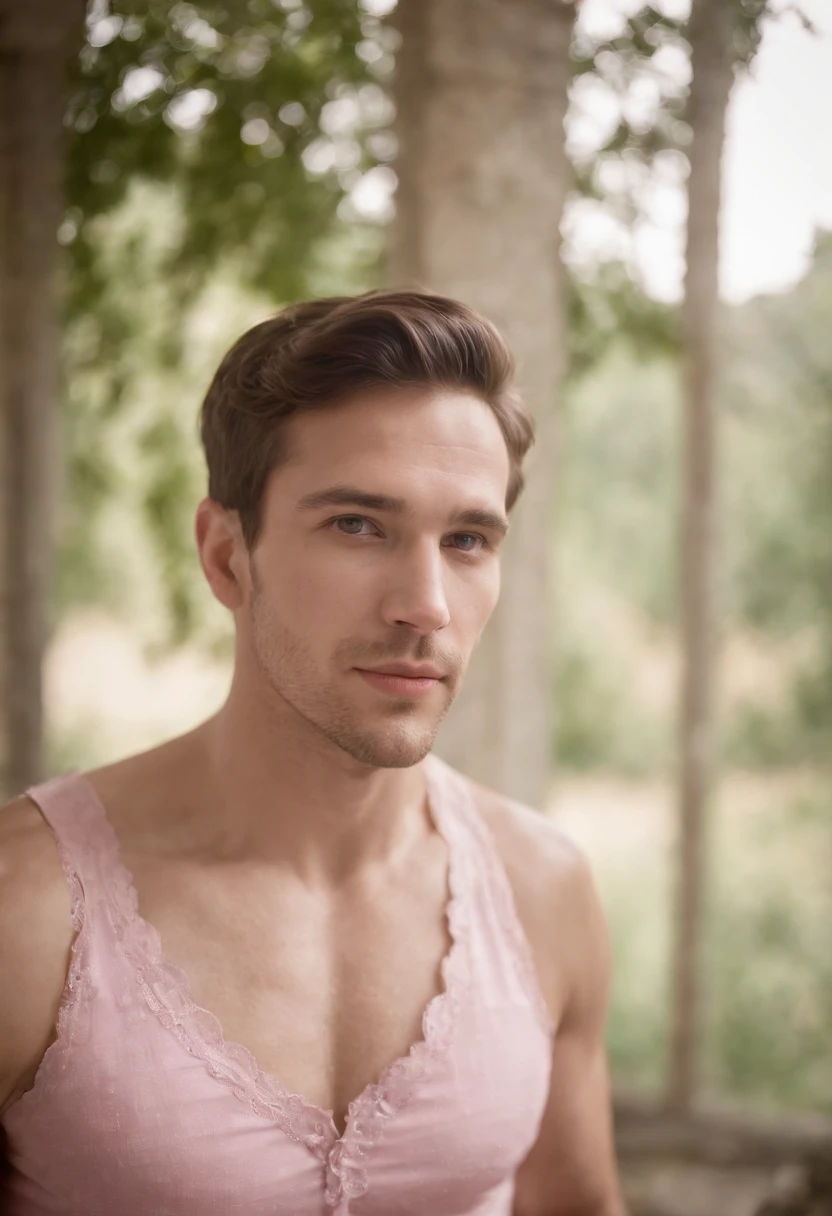 Um homem sem camisa e de cueca rosa,de costas, músculoso. Apoiado na janela olhando para a paisagem do horizonte. Homem lindo. Aesthetic portrait. Paisagem linda no fundo. Room of a medieval palace