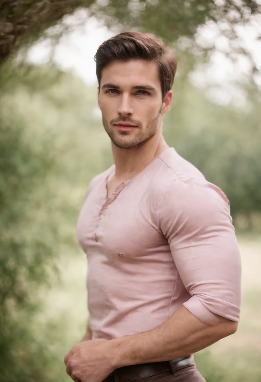 Um homem sem camisa e de cueca rosa,de costas, músculoso. Apoiado na janela olhando para a paisagem do horizonte. Homem lindo. Aesthetic portrait. Paisagem linda no fundo. Room of a medieval palace
