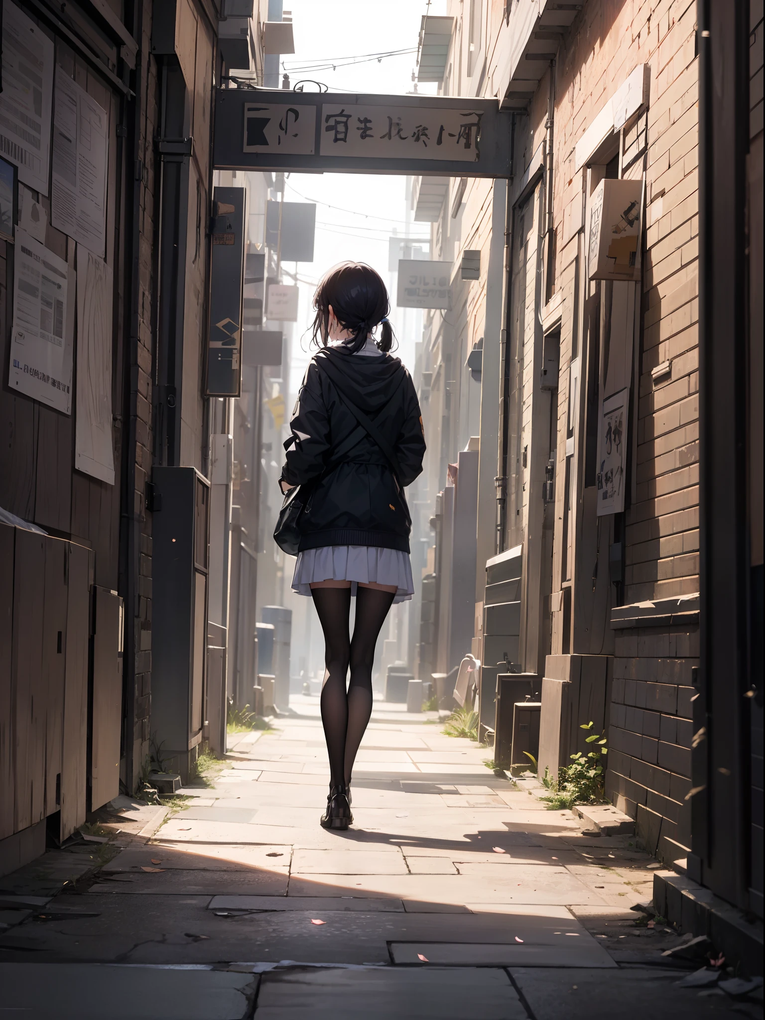 ,Obra maestra, La mejor calidad,8k, Ultra Highres,The protagonist is alone in a dark alley,Las tenues farolas proyectan luces y sombras ilusorias。Su figura era delgada y baja,Se marchita como una flor aplastada por la tristeza。The graffiti on the wall is blurry and melancholic,Reflects the pain and helplessness in your heart.。
