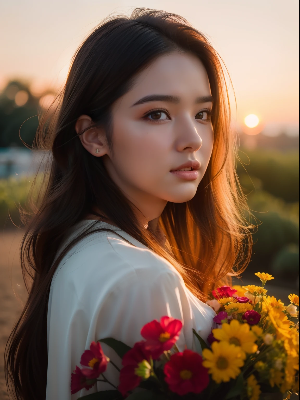 (((cinematic portrait))), young woman, vibrant hair, colourful blooming flowers, sunset, warm light, serene expression 00 --ar 3:2 --c 30 --s 2