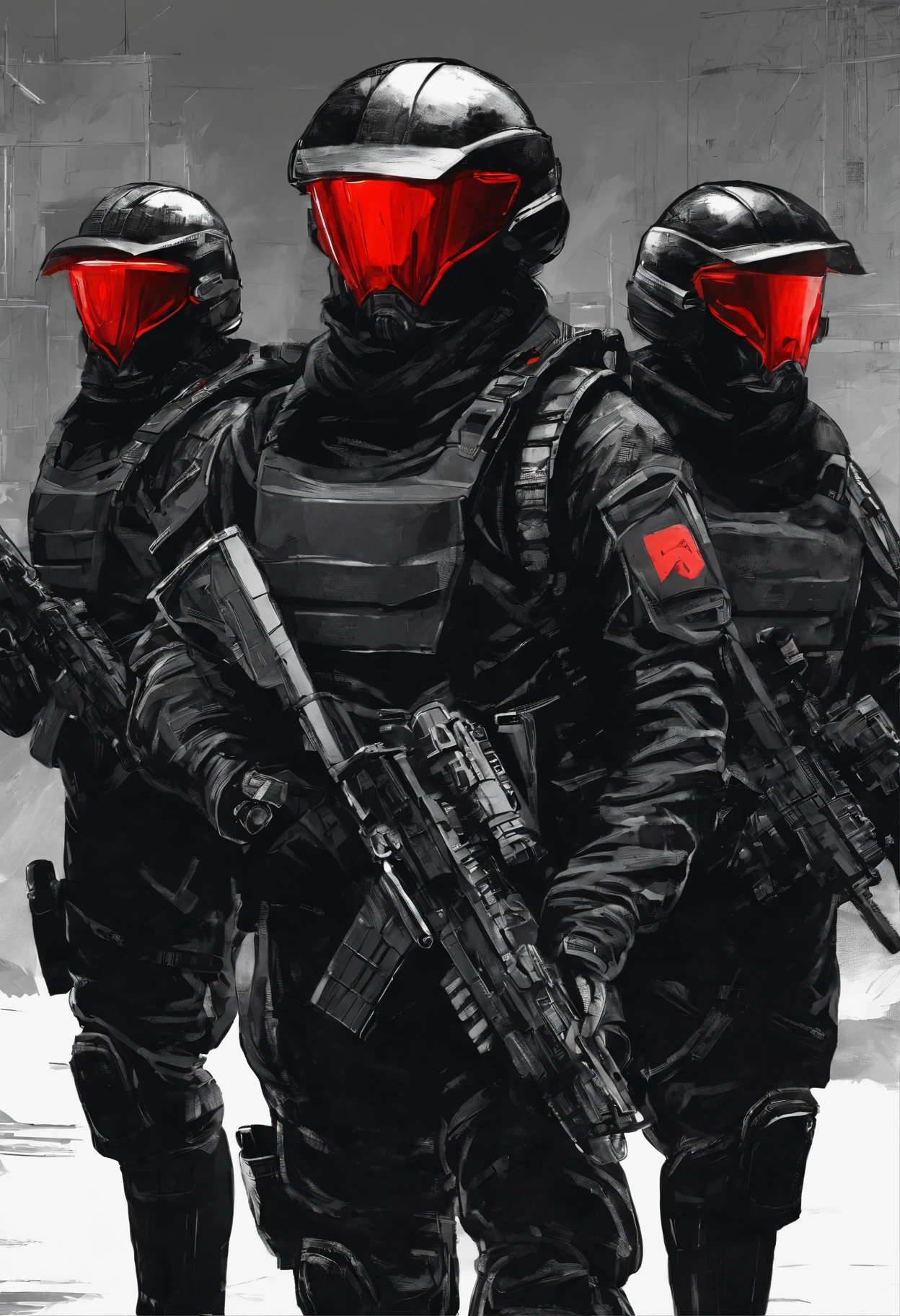 Several front soldiers wearing black uniforms with helmets that hide their faces with bright red visors, sci-fi, distopia