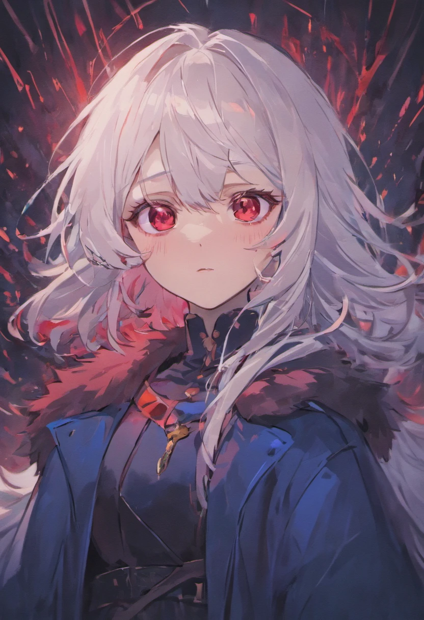 Woman, white hair, red eyes, cold , dark blue fur coat, emotionless face, war.